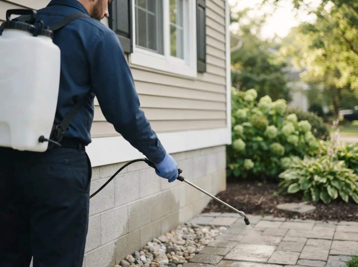 Pest control technician inspecting a home in Peach Orchard, AR